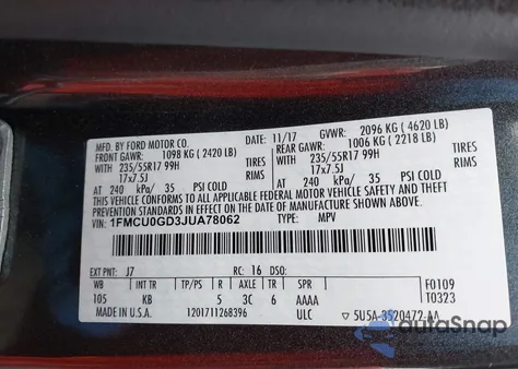 2018 Ford Escape Se from USA, damaged, VIN 1FMCU0GD3JUA78062